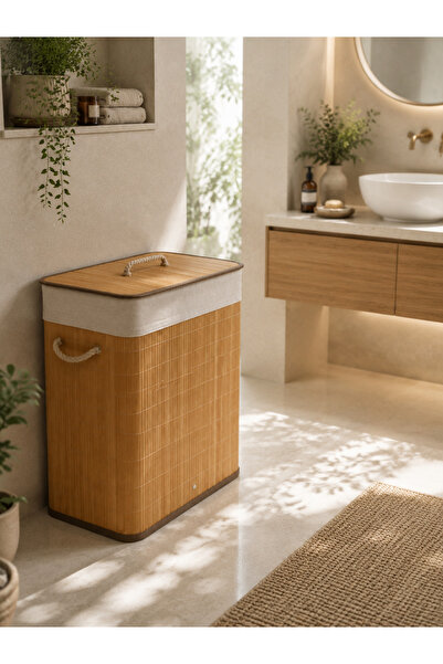 NATUREL DEKOR Bambu Çift Bölmeli, Çift Hazneli Kirli Çamaşır Sepeti 52x32x50 ...