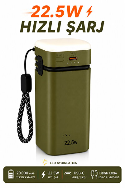 RAYLAX 20000 mAh 22.5W Hızlı Şarjlı Powerbank Dahili USB-C & Lightning Kablol...