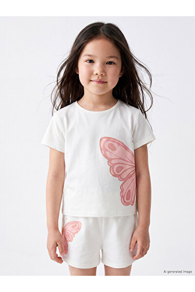 LC Waikiki Trendlucky Girls' T-Shirt with Oval Collar and Printed Design