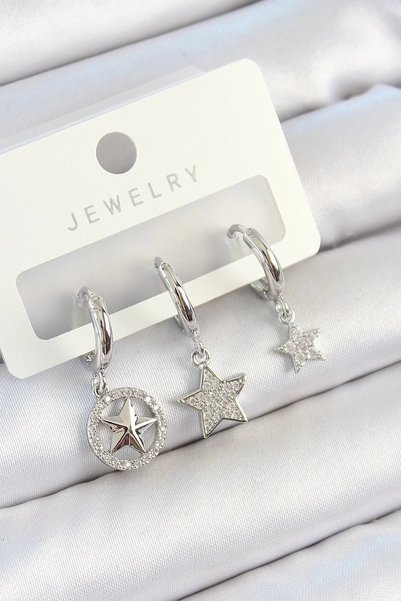Generic Brand Mey Import ®   Brass Zircon Stone Star Model Silver Color 3-Pie...