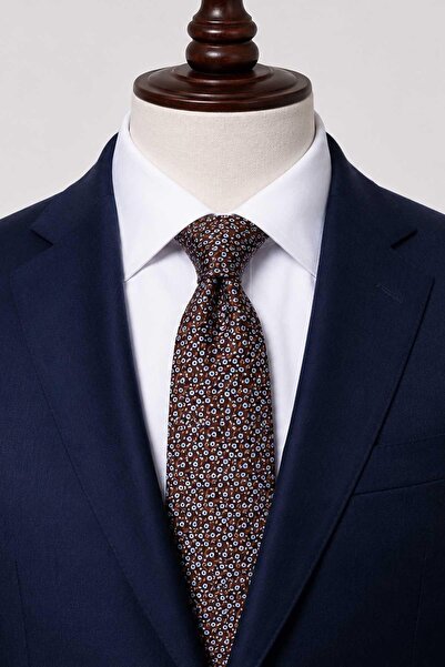 Kravatkolik Brown Floral Pattern Italian Silk Tie İk2553
