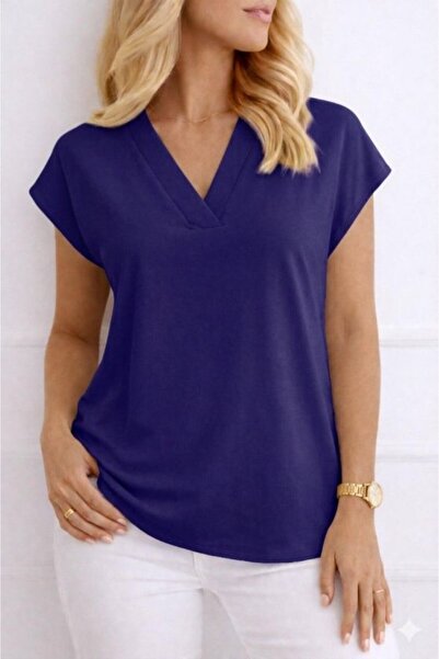 Gökyüzü Moda Women's V-Neck Short Sleeve Woven Viscose Fabric Blouse