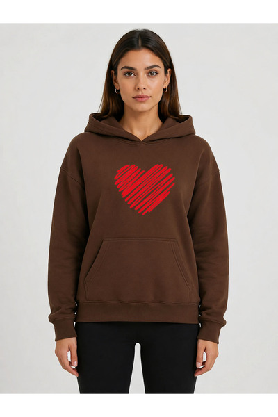 herkesemoda Red Heart Printed Hooded 2 Thread Raster Sweatshirt