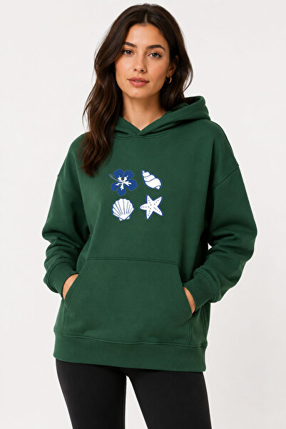herkesemoda Sea Shells Printed Hooded 2 Thread Raster Sweatshirt