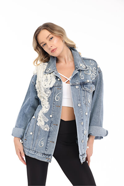 RENGARENG Women's Designer Denim Jacket with Pech Pearl Stone Embroidery Deta...