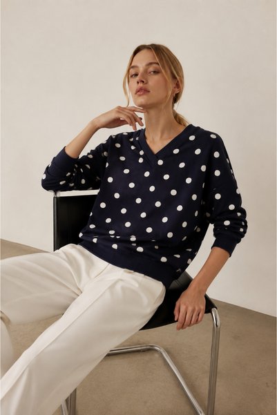 Kira By Simple Kadın V yaka Puantiyeli Lacivert %100 Pamuk Sweatshirt