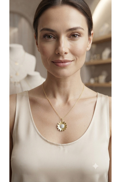 Bymiel Women's Gold Color Daisy Flower Necklace – Stainless Steel with Zircon...