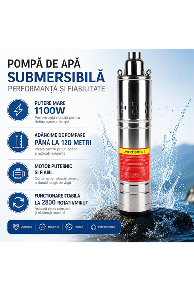 Rovitech Pompă submersibilă de apă, 1100W, 1.5CP, Debit 3.6 m³/h, Adâncime de...