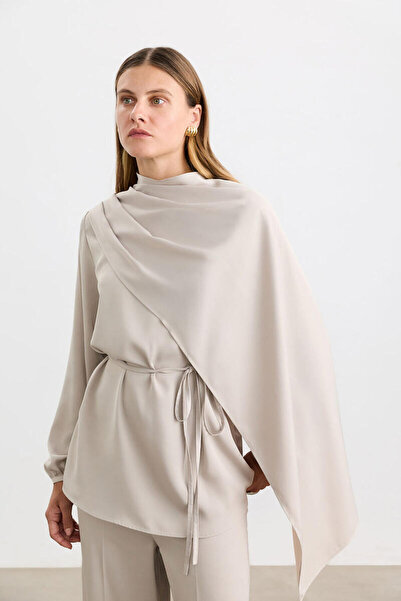 BE BLUE Satin Blouse with Stone Shawl Detail
