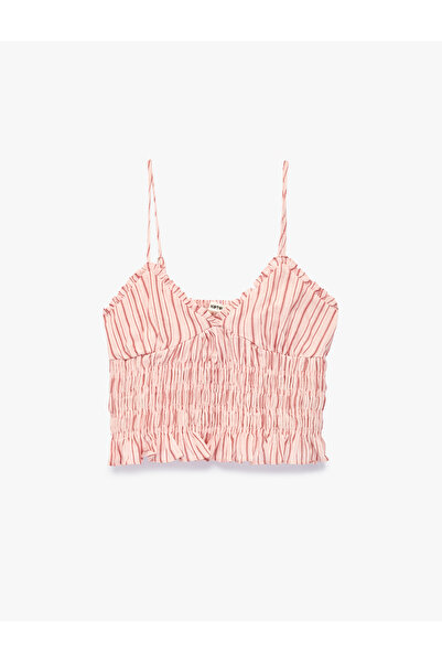 Koton Pamuklu V Yaka Askılı Fırfırlı Gipeli Çizgili Crop Bluz