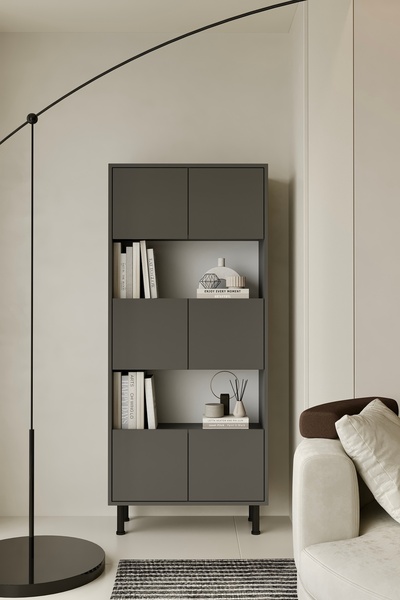 Furnitt Home Hitit Gri Kitaplık 175 cm - Vitrin - Gümüşlük (100% MDF) Metal Ayak