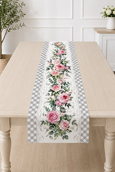 Bebişim Halı Pink Rose and Gray Plaid Patterned Romantic Runner Tablecloth 40...