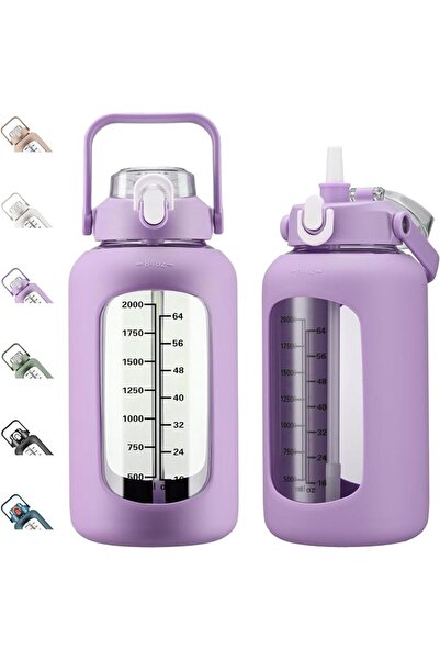 GENERAL 1.6L Glass Water Bottles with Straw, Motivational Glass Bottle with S...