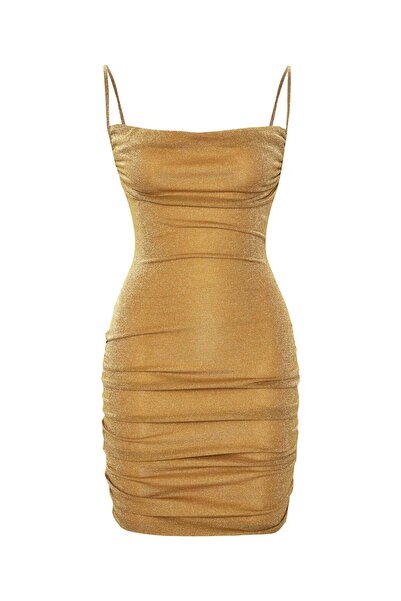 Sandshaped Alya Drapeli Simli Jarse Askılı Mini Elbise Altın