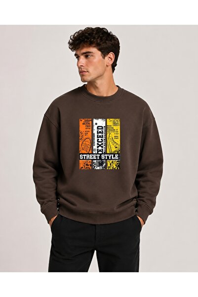 herkesemoda Exceed Print Detailed Crew Neck 2 Thread Sweatshirt