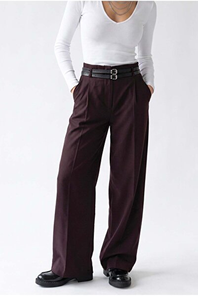 Mixray 2185 Women's Double Belt High Waist Wide Leg Palazzo Pants Plum