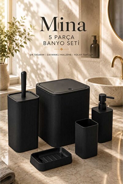 Store HGY HOME Modern Çizgili Siyah Mina 5'li Banyo Seti