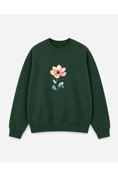 herkesemoda Floral Print Detailed Crew Neck Ribbed 2 Thread Sweatshirt