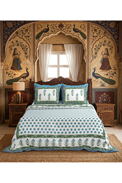 Generic Traditional Blue Floral Block Print Double Bed Sheet & Pillowcase Set...