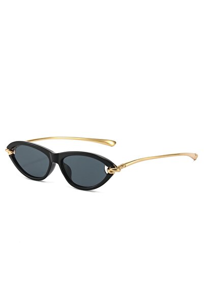 Tessero Ochelari de Soare dama, Cat-Eye Slim, Ramă Neagră cu Brațe Aurii și D...