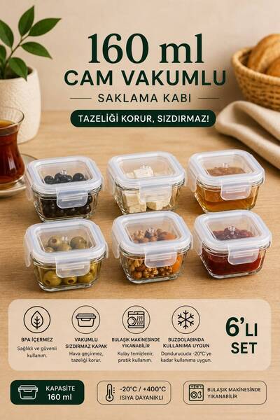 HAZARPAZAR 6’lı 160 ml Sızdırmaz Kapaklı Cam Saklama Kabı Seti
