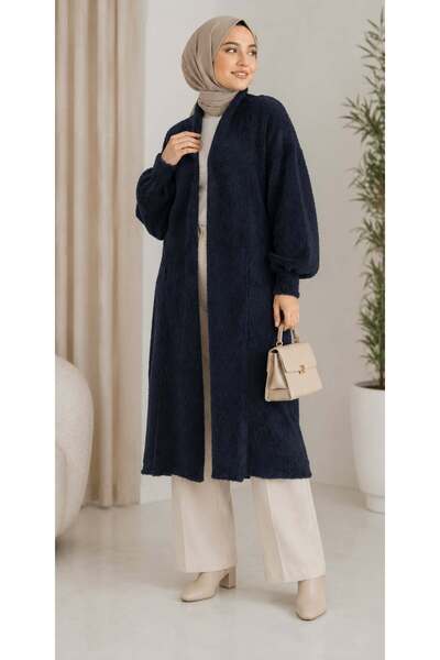 ZEYN STORE Kadın Şal Yaka Oversize Triko Ve Sakallı Tüylü Uzun Hırka