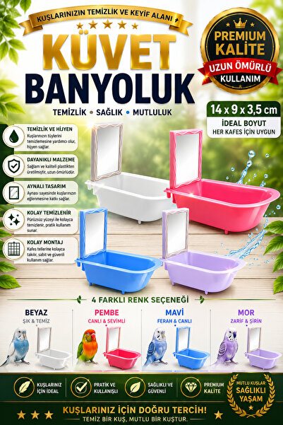 Petshop Aynalı Kuş Küveti Banyoluk 14x9x3,5 cm – Muhabbet Kuşu, Kanarya ve Ka...