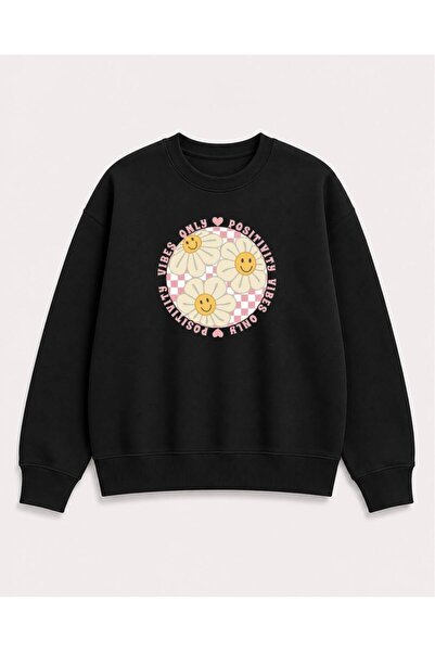 herkesemoda Smiling Faces Emoji Printed 2 Thread Threaded Crew Neck Sweatshirt