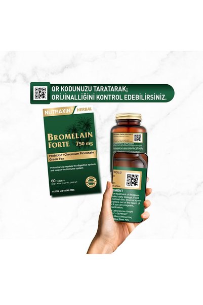 Nutraxin Bromelain Forte 750mg 60 Tablet (Yeşil Çay - Proiyotik - Krom) + Hap Kutusu Hediye
