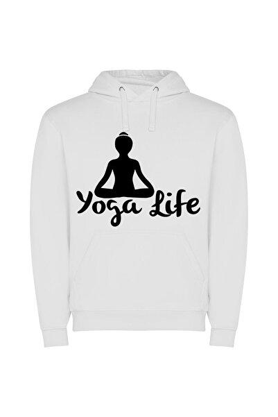 iLovePrints Monochrome Zen: Street Yoga Φούτερ με κουκούλα σε χρώμα Λευκό