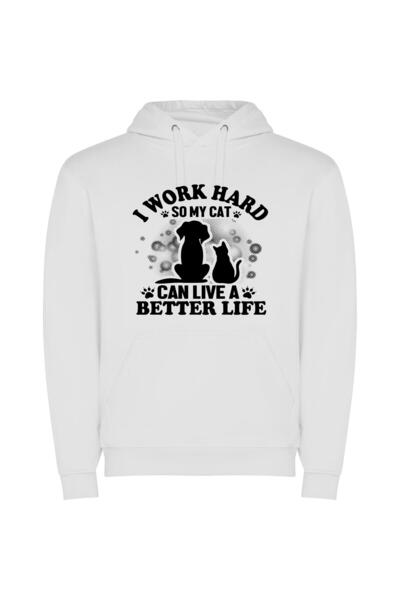 iLovePrints Purrfect Life: Working Hard Φούτερ με κουκούλα σε χρώμα Λευκό