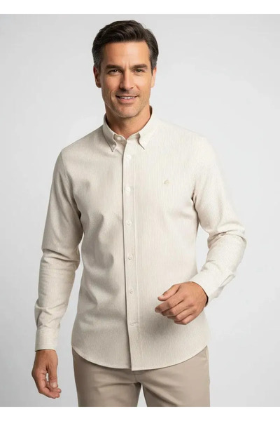 BOSS Men's Regular Fit Striped Cotton Logo Embroidered Long Sleeve Beige Shirt