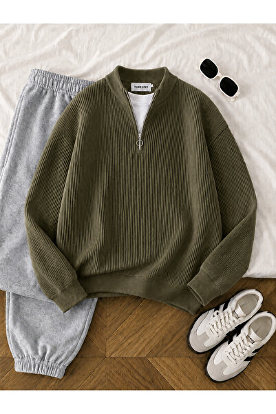 threeoff Men's Thessaloniki Knitted Half-Zip Knitwear Sweater High Collar Win...