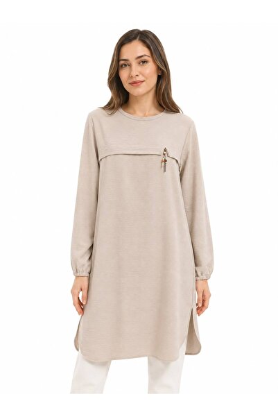 NECO GİYİM Women's Crew Neck Tunic with Accessory Detail, Loose Fit, Viscose ...