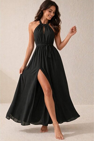 MODA ŞEHRİ Women's Off-The-Shoulder, Lace-Up Back, Slit Detail, Long Janjan C...