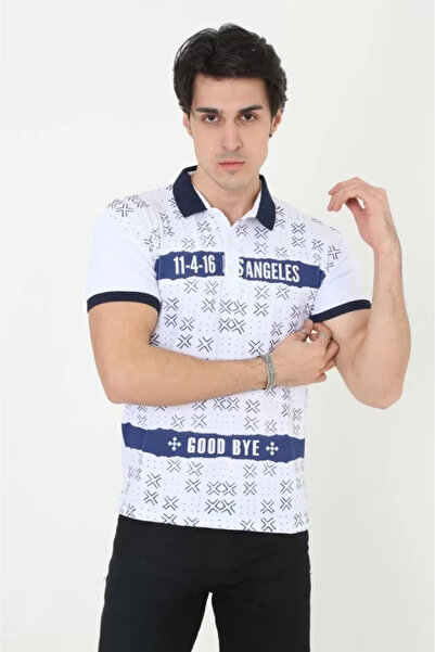Gökyüzü Moda Men's collared slim fit printed t-shirt - white