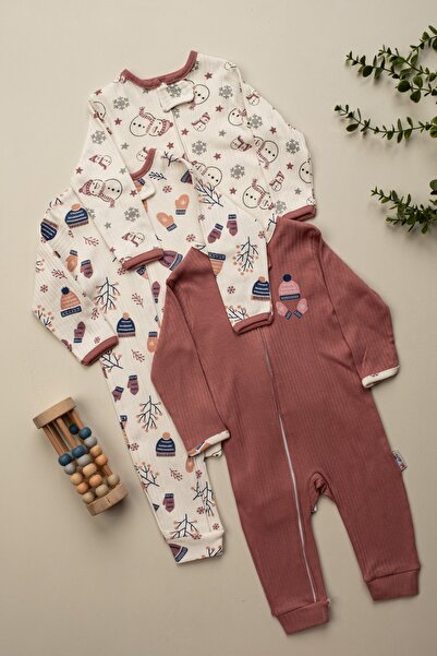 ENİA BABY Kız Bebek Fermuarlı %100 Pamuklu 9/12/18 Ay 3 Parça Tulum Seti