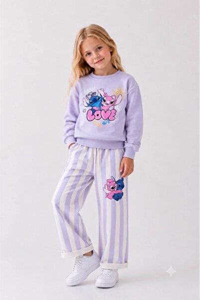 YİGİT BUTİK Girl's Character Printed Striped Tracksuit Set 2-Piece Cotton Sea...