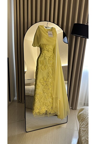 Nareen Fashion فستان سهرة ليموني ناعم بتصميم أنيق وفخم
