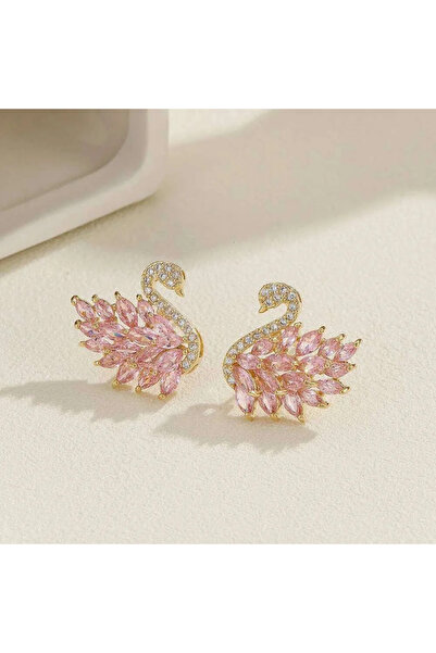 ANGELSS JEWELLERY Pink Zircon Stone Gold Swan Model Women's Earrings Pink Sto...