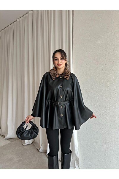 Mooi Butik Bruno Belted Leather Poncho 8680 - Black