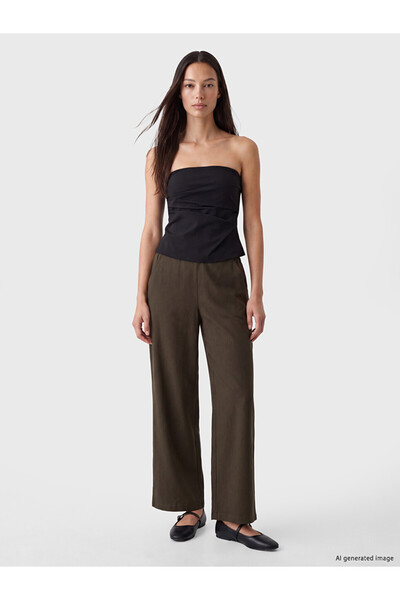 LC Waikiki Khaki Wide Leg Women's Trousers with Elastic Waist