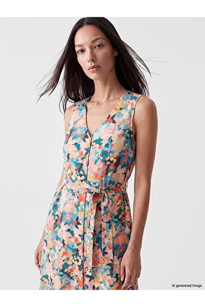 LC Waikiki Pink V-Neck Floral Belted Dress