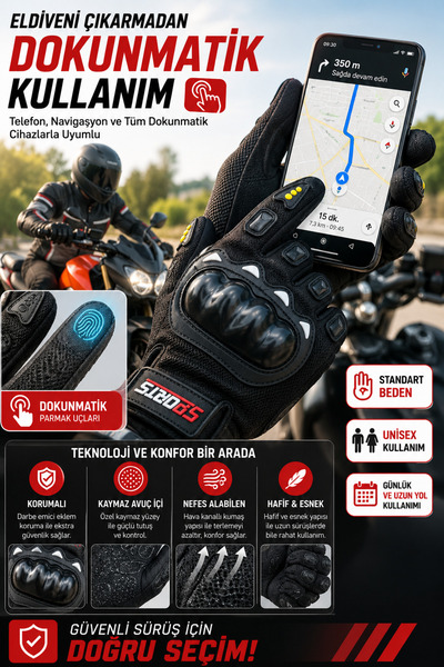 Yıldızhane Dokunmatik Korumalı Motosiklet Eldiveni Kaymaz Avuç İçi Nefes Alabilen Motor Eldiveni Unisex Standart Beden