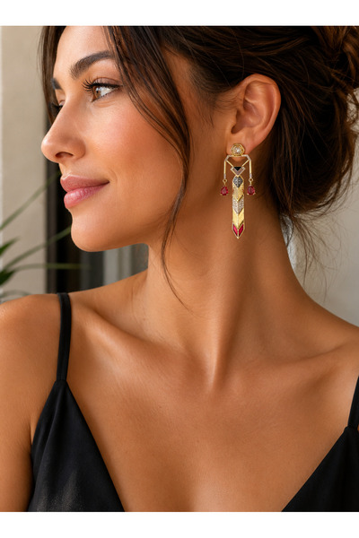 ANKA JEWELLRY أقراط نسائية متدلية هندسية الشكل مرصعة بحجر وردي فاتح |   اللون...