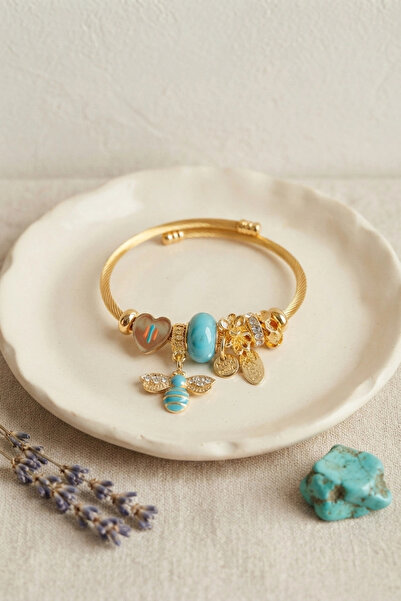 ARMÜZ Heart and Bee Model Blue Charm Bracelet