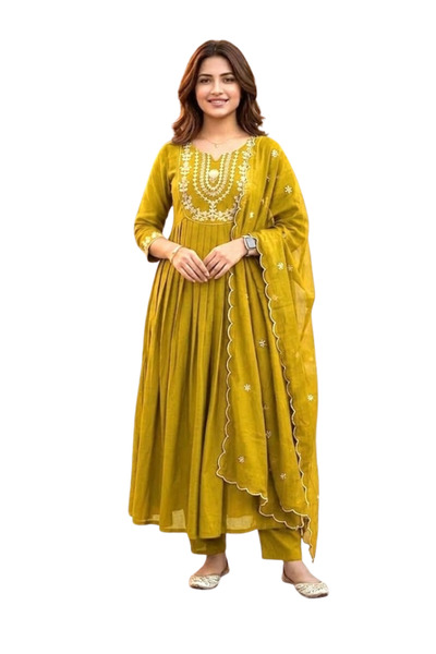 MYSMAR Yellow Chanderi Silk Zari Embroidered Anarkali Kurta Set - FFT8613 | Y...