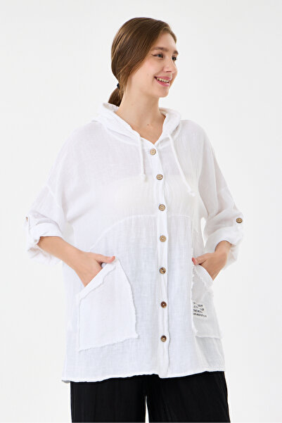 della moor Women's White Italian 100% Linen Hooded Foldable Long Sleeve Shirt...