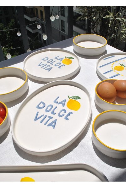 Qualitev 15 Piece Ceramic Breakfast Set for 6 People with Lemon Pattern - Lime