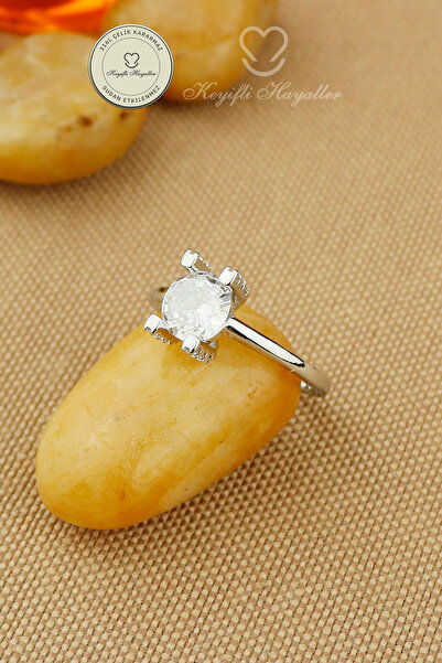Keyifli Hayaller Steel Ring - Zircon Solitaire Ring with Stones on Adjustable...